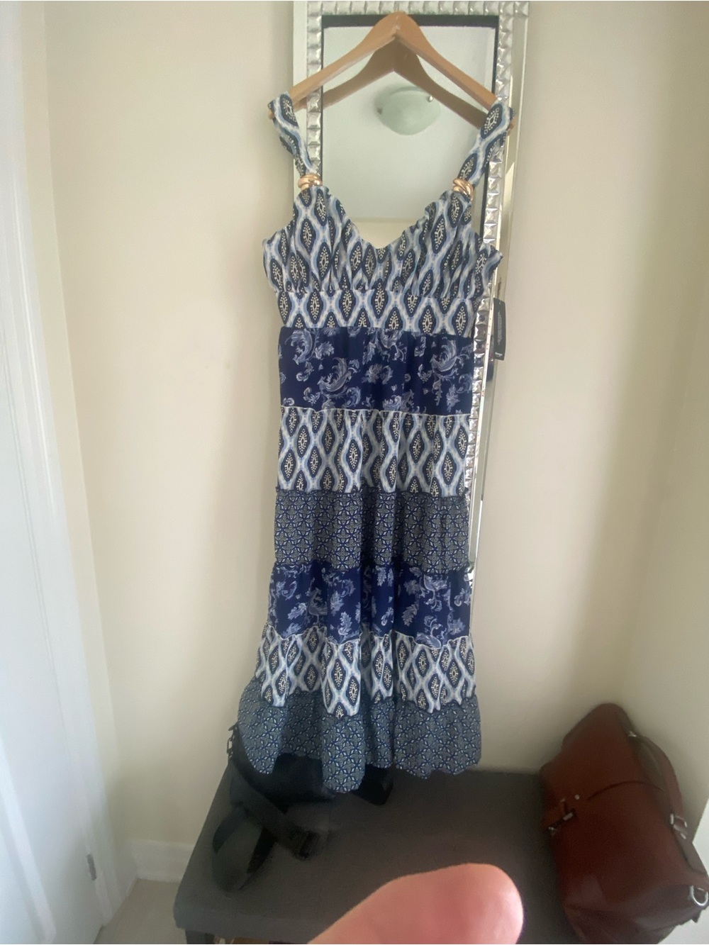 Blush Navy and White Printed Midi Dress